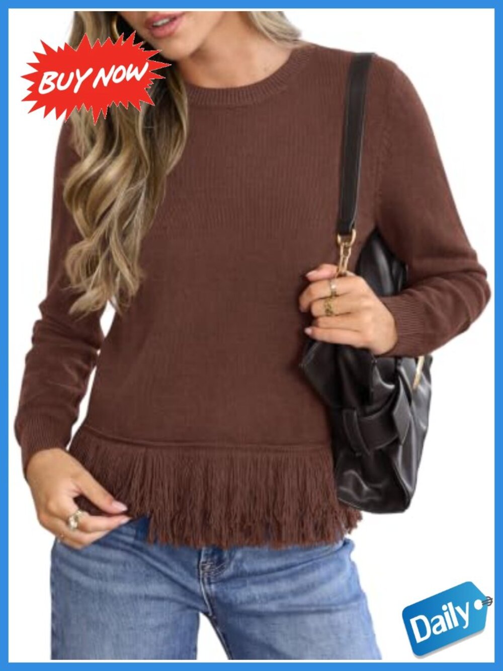 Womens Long Sleeve Fringe Sweater Ribbed Knit Boho Pullover Top Crewneck